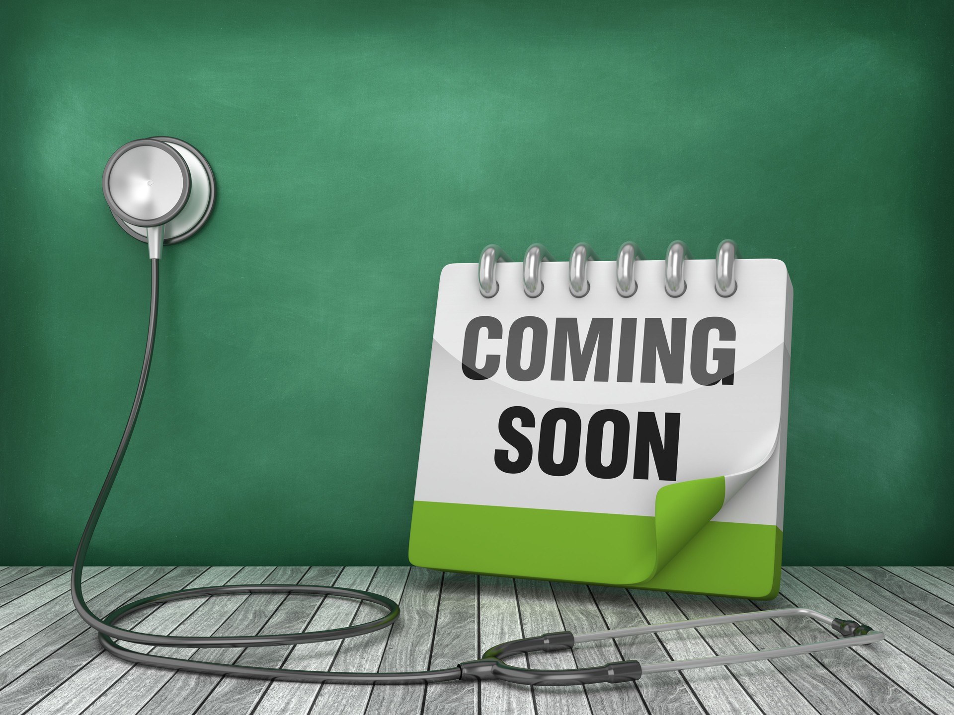 Stethoscope with Coming Soon on Chalkboard Background - 3D Rendering Stethoscope with Coming Soon on Chalkboard Background - 3D Rendering